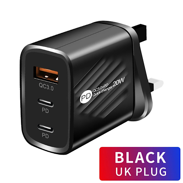 Usb-Laddare 20W Snabbladdare 3.0 Snabbladdning Typ C Pd Mobiltelefon Strömadapter För 15 Xiaomi Poco Samsung Pluss Black UK