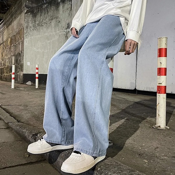 Koreanske Mode Mænd Baggy Jeans Elastisk Talje Klassisk Olid Farve Lige-Ben Denim Bredben Bukser Mand Lys Blå Grå Sort Light Gray 3XL  85-92.5kg