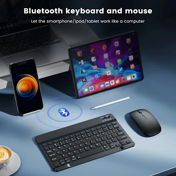 Bluetooth-kompatibelt tastatur og mus til iPad Xiaomi Tablet Mini trådløst genopladeligt tastatur til Android iOS Windows Blue-and mouse A