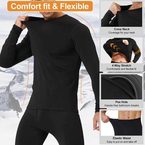 Long Johns Thermal Underwear Set för män för kallt väder Varma baslagerskjorta Top Botten Långärmade Kalsonger Kalsonger Black XXL