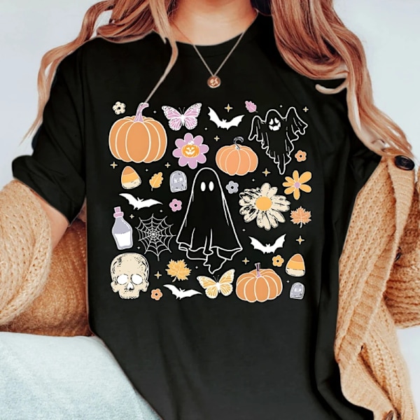 Spøgelses Print T-shirt, Halloween T-shirt, Kortærmet Besætning Hals Fritid T-shirt Til Forår & Sommer, Kvindernes Tøj, black XL