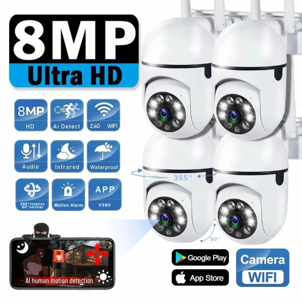 8MP övervakningskamera PTZ CCTV IP Wifi Kamera 4X Zoom Säkerhetsskydd Trådlöst hem AI Mänsklig Trcking Utomhus Tvåvägsljud EU Plug ONE 8MP Camera 32G