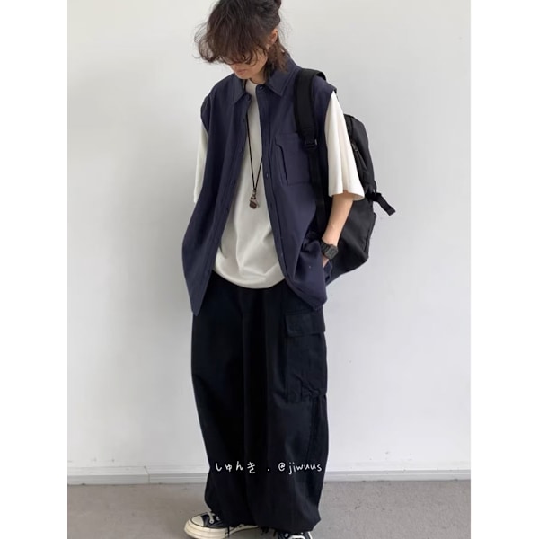 Utomhus Mori Style Fake Två-Stycke Kortärmade Mäns Västväst Skjorta Japanska Stil Mäns Casual Junior St Moderiktig Sommartopp Blue XXL