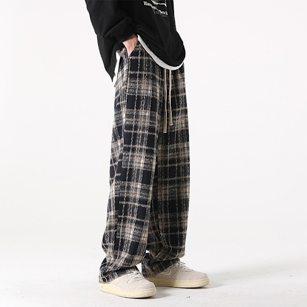 American Retro Plaid Byxor Mäns Höst Och Vinter Förtjockad Rakt Lös Mode Varumärke Drape Brett Ben Casual Byxor Tid Red XXL