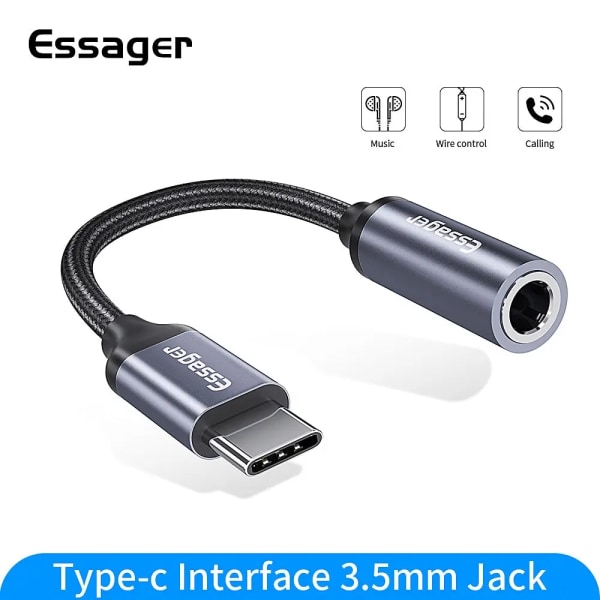 Essager-Câble Adaptateur USB Type-C 3.5 vers jack 3.5mm för écouteurs, cordon audio AUX för Huawei P30, Xiaomi Mi 10, 9, Mexique Dark Gray