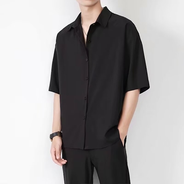 Ice Silk Skjorte Mænd Kort Ærme Sommer Trend Mænd Casual Rock Høj Grad Følelse Af Plankton Stilfuld Fem- Kvartær Ærme Sort Skjorte Black XL