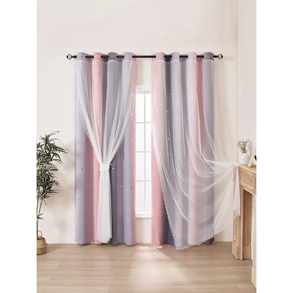 Blackout børnegardiner til soveværelse, termisk isolerede sølv Twinkle Star gardiner til drenge, antikke ringtop-vinduesbehandling grey pink 132x213cm