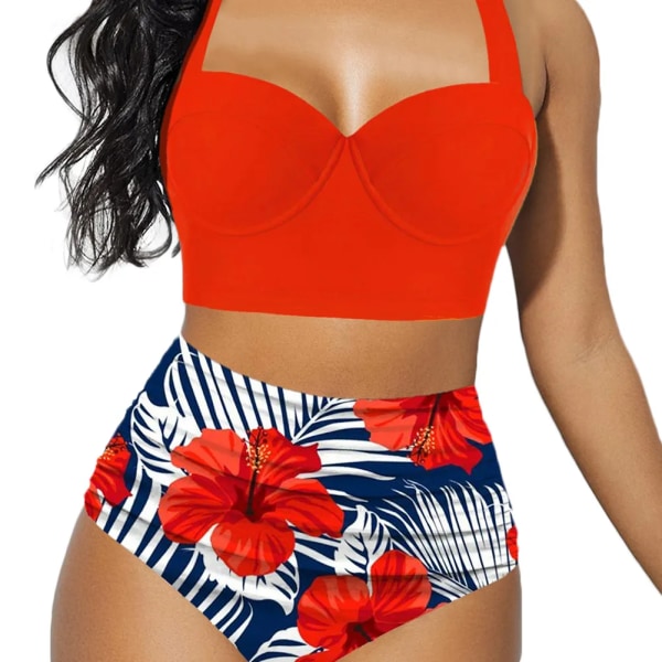 Kvinnor Push Up Bikini Set Sommar Sexig Slim Flower Print Kvinnliga hög midja simdräkter C M