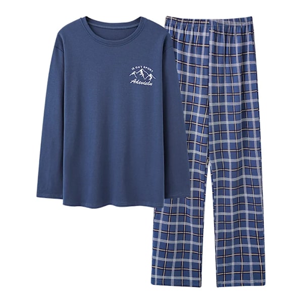 Miesten Kaksiosainen Pyjama Uusi Pyjama Kotivaatteet Miesten Kevät Ja Syksy Puuvilla Pitkähihainen Syksy. Ja Talven Vaatteet Blue3028 L(50-60kg)