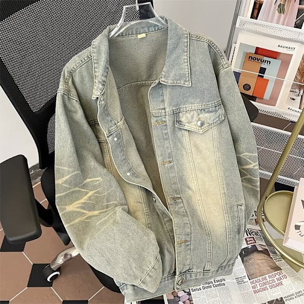 Uusi kevät ja syksy denim-takki miehille, amerikkalainen retro-muotibrändi, pesty gradientti, väljä rento takki, monipuolinen huipputuote Black M