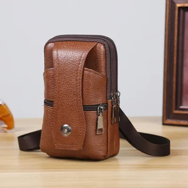 Läder midjeväska för män Stor kapacitet bältesväska Brun axelväskor Crossbody-väskor Flerlagers spänne Mobiltelefonväska Bum Pouch brown-3 layers