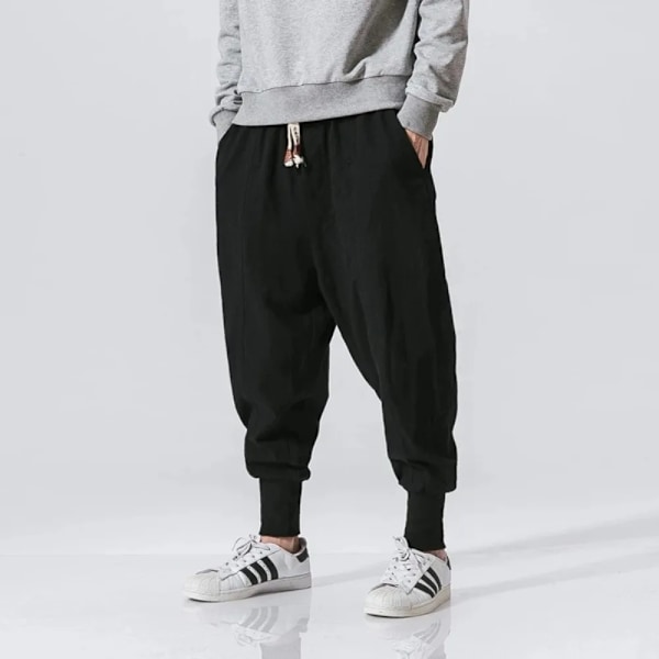 Bomuld Linned Harem Bukser Mænd Streetwear Joggere Nye Baggy Drop-Crotch Bukser Casual Bukser Mænd Svære 46Black US L