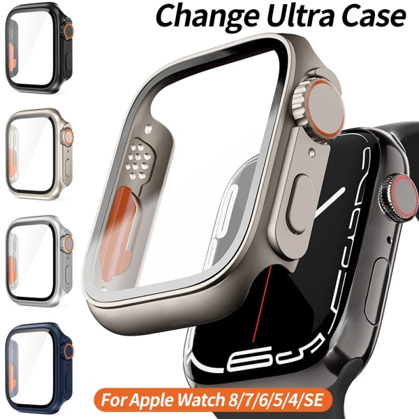 Byt till Ultra för Apple Watch Case Series 8 7 45mm 41mm Skärmskydd Cover Glass+ Case för iWatch 4 5 6 SE 44mm 40mm Bumper Silver Series 7 8 45MM