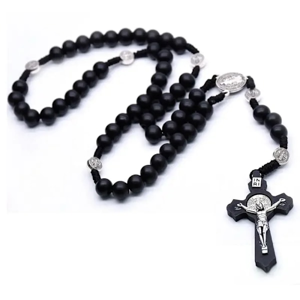 Religiösa Trä Antique Black Cross Rosenkrans Bil Pendant Jesus Saint Benedict Beaded Hängande För Män Kvinnor Smycken