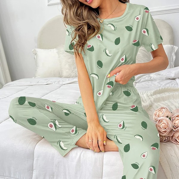 Kvinnor Pyjamas Sömnkläder Set Mjuk Bekväm Kort Ärm Toppar Med Långa Byxor Pyjamas Släkten Green S