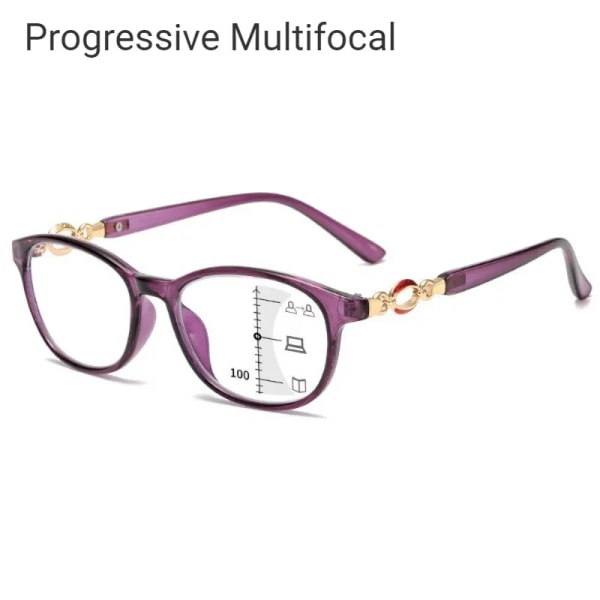 FG Nya 3 i 1 progressiva multifokala läsglasögon Anti-blå glasögon för kvinnor Lätt att titta långt och nära +1,0 till +4,0 Purple-Multifocal