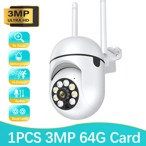 3MP Utomhus Wifi-kamera Övervakning Night Vision Fullfärg Ai Människospårning 4X digital zoom Videosäkerhetsövervakningskameror EU Plug 3MP-64G SD Card