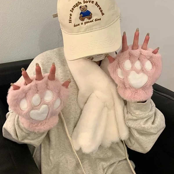 Søde Plys Katteklo-Paws Handsker Plys Vanter Varme Bløde Plys Korte Fingerløse Fluffy Bjørn Handsker Kostume Halvfinger Handsker white