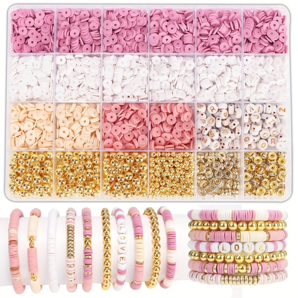 1 box Boho Style lerpärlor för armbandssats Vänskapsarmbandssats för kvinnor Gyllene pärlor Rosa vita lerpärlor Kit för DIY-smycken