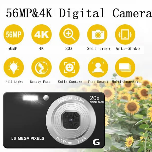 4K 56 MP digitalkamera med 20x zoom Kompaktkamera Anti-Shake autofokus med LED Fill Light Videokamera för barn Black With 16G Card