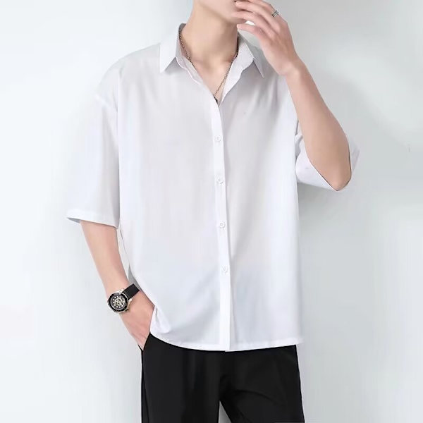 Ice Silk Skjorta Män Kort Ärm Sommar Trend Män Casual Rock Hög Grad Känsla Av Plankton Stilig Fem- Kvartär Ärm Svart Skjjorta White XL
