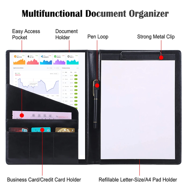 Mapp för A4-dokument Organizer PU Affärskontrakt Portfolio Manager Urklipp Bokhållare Kontor Skolmaterial black