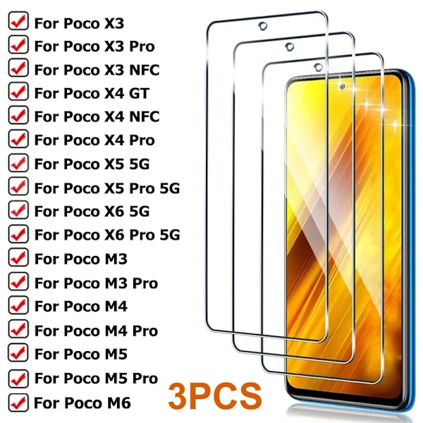 3Pcs Skyddsglas För Poco X3 X4 Gt X5 X6 Pro Nfc 5G Skärmskydd För Xiaomi Poco M 6 M5 M5s M4 M3 M2 Pro Glasfolie For POCO X4 Pro 4G Glass