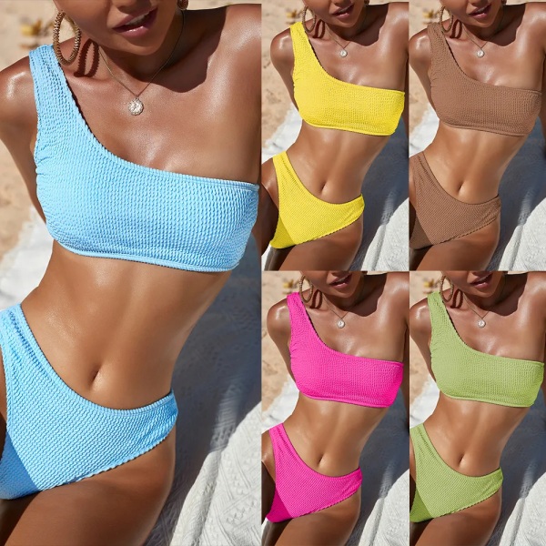En axel-bikini texturerade badkläder Högskurna baddräkt solid baddräkt kvinnor brasiliansk mode 2023 Blue S