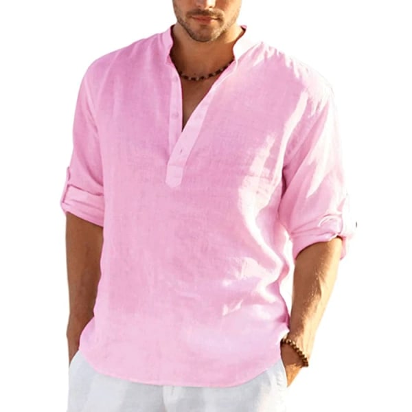 Ny Långärmad T-shirt i linne för män Enfärgad lös casual Långärmad bomullslinneskjorta pink XXL