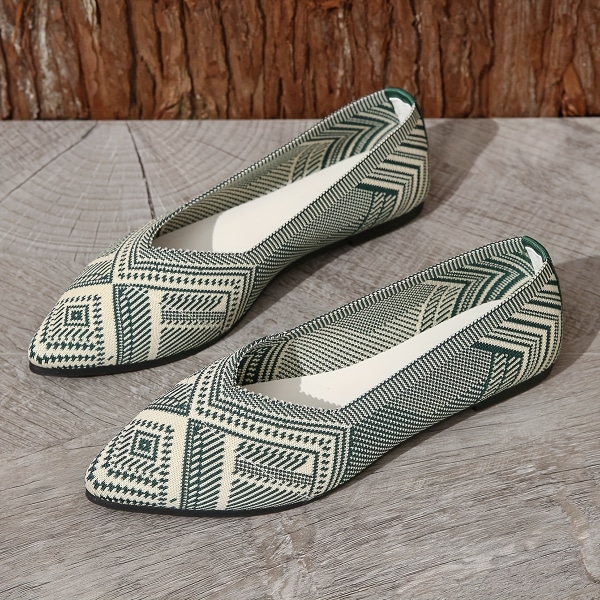 Platta spetsiga tåskor för kvinnor, bekväma stickade slip-on mjuka sula skor, Casual andas balett Dark Green CN235(EU36.5-37)