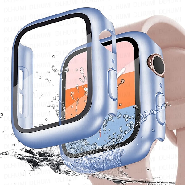 Hærdet Glas+cover til Apple Watch 41mm 45mm 44mm 40mm 42mm 38mm PC-bumper Skærmbeskytter Etui iWatch serie 6 5 4 se 7 8 9 Ice ocean blue Series 7 8 9 45MM