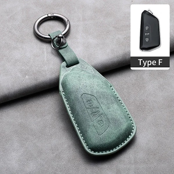 Leather Car Key Case Cover Fob Keychain For VW Volkswagen Golf 7 MK7 Tiguan MK2 For Ateca Leon FR Ibiza Skoda Octavia Kodiaq Olive-green F