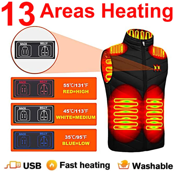 17/13/9 Områden USB Uppvärmd Jacka Herr Dam Eluppvärmd Väst Värmeväst Uppvärmd Bodywarmer USB Inner Heat Väst Veste 17 Areas Black Asian Size S