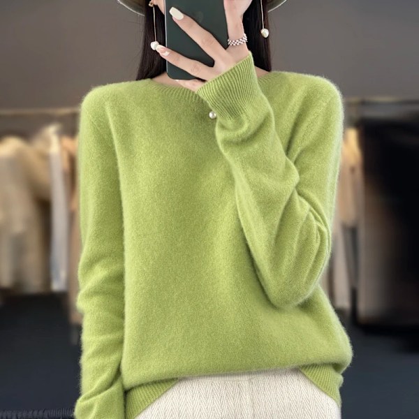 Hösten Och Vintern Nya Merino 100% Ull Massiv Färg Varm Kvinnlig O-Hals Stickad Lång Ärm Solid Färg Pullover light green XXL