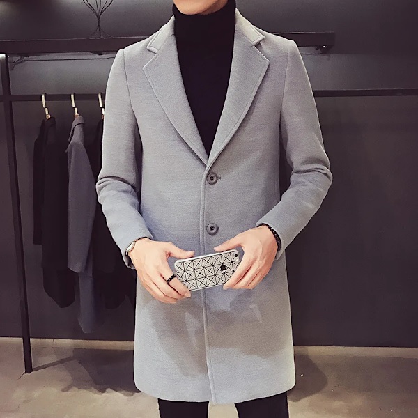 Efterår og vinter Slim Fit Lang Uld Frakke til mænds Single Breasted Lapel, Street Fashion Business Trench Frakke til mænd Tøj Tøj Light Grey Asia 2XL is US EUR M