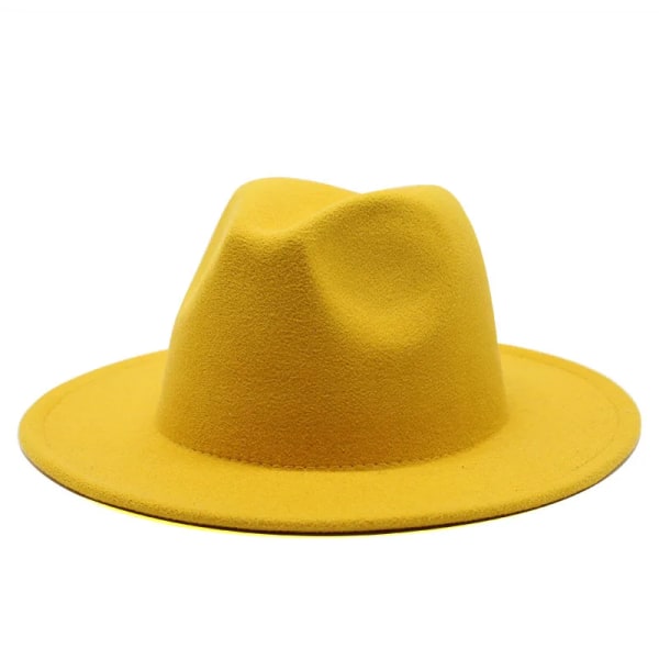 Nya Fedoras hattar med stor brätte för kvinnor i brittisk stil vintage kyrkhattar Lady platt brättad cap Höst Vinter dam filtmössa Yellow 56-58cm