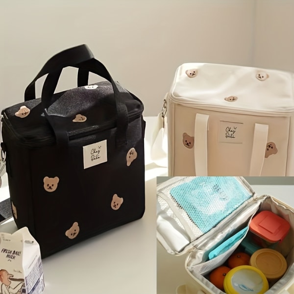 Kawaii Canvas Lunch Box Bag, Isolerad Go Out förvaringsväska, Bear Brodery Crossbody Bag för skolpicknick Black