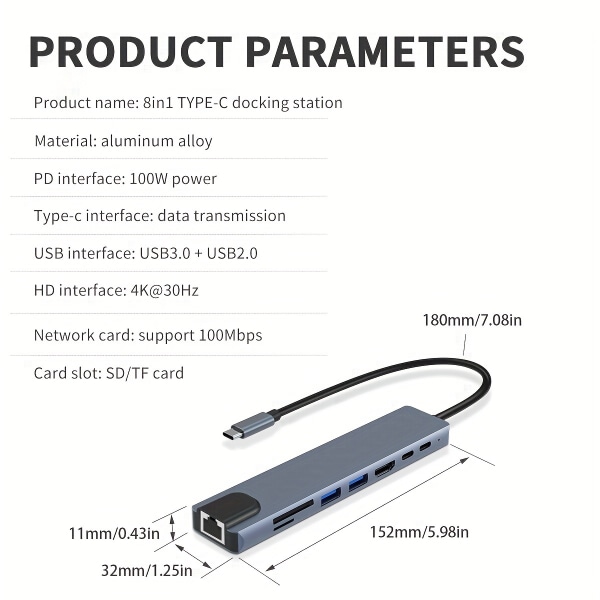 8-i-1 USB C dockningsstation med 4K HDTV, 100W PD, USB 3.0/2.0, RJ45 Ethernet, SD/TF-kortläsare, Type-C Hub Adapter för MacBook Pro/Air bärbara datorer