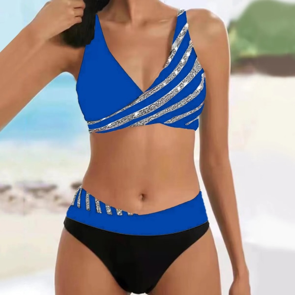 Dambikini delat print Sexiga Hot Diamonds Samla Bikini Baddräkt Sexig och åtsittande Seaside Vacation Badkläder купальник Blue L