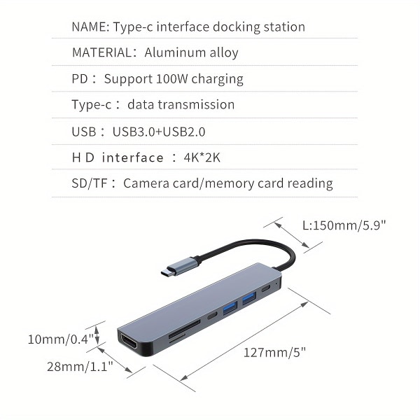 USB C Hub-adapter, 7-i-1 Typ C Hub med 4K USB-C till HD, USB 2.0, USB 3.0-portar, SD/TF-kortläsare, Typ C 2.0 (Thunderbolt 3)