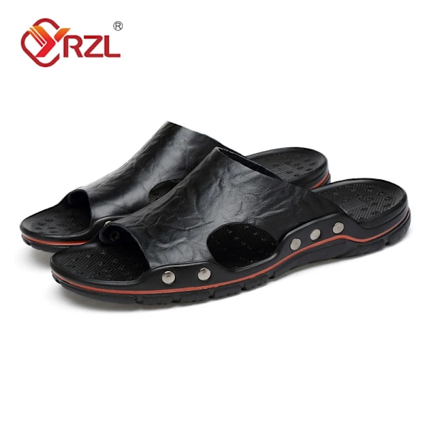 Yrzl Tofflor Men Pu Läder Classic Sommar Män Sandaler Mjuk Brun Utomhus Bekväma Tofflor Lätta Eva Slides För Män Black 42