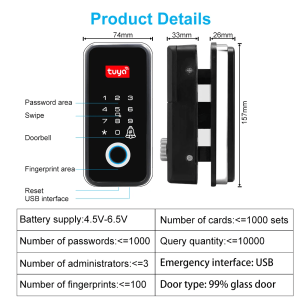 Tuya App Biometriskt Fingeravtryck Glasdörrlås Kontor Elektroniskt smartkortlås med fjärrkontroll Wifi Gateway Keyless Entry B2-remote control