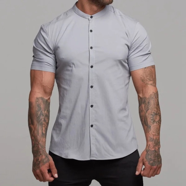 2023 Ny trend Enfärgad skjorta med ståkrage Herrmode Casual Cardigan Kortärmad sommarmuskelskjorta herr WHITE XXXL