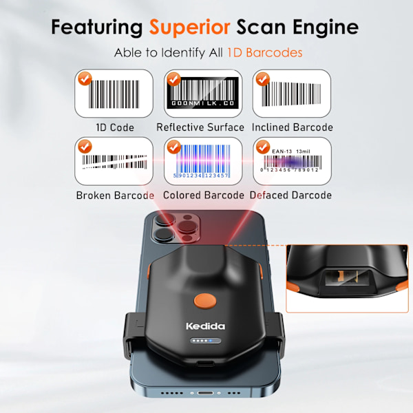 1D Bluetooth stregkodescanner Kedida bærbar bagklips trådløs stregkodescanner lagerstregkodescanner fungerer med Windows 1D Laser Scanner