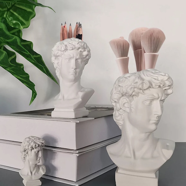 Creative Art Flower Pot Makeup Borste Lagring Pennahållare David Statue Resin Medici Vase Desktop Organizer Hem Inredning Ornament M