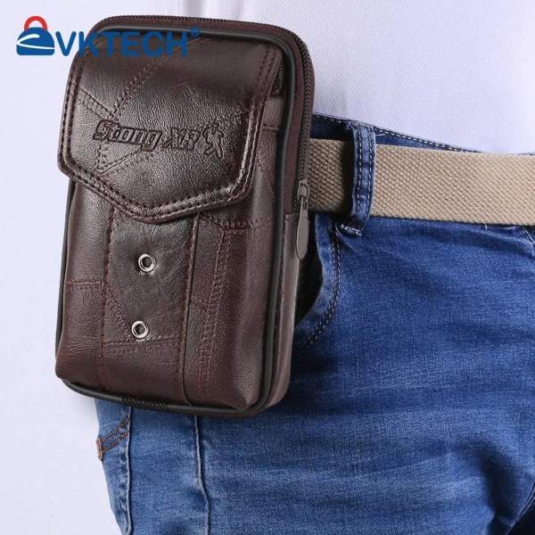 Multifunktion män PU-läder Fanny midjeväska Enfärgad Mobiltelefonväska Ficka Business Casual Litet bälte Bum Pouch vertical brown