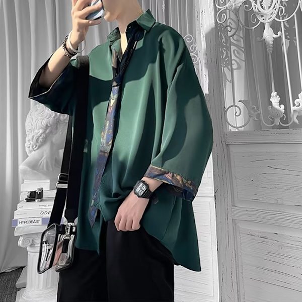 Kesän tumma vihreä seitsemän pisteen hihapaita miesten puku Ins Sense Design Niche Plankton tyylikäs lyhythihainen paita Dk Uniform Time Green XXXXL