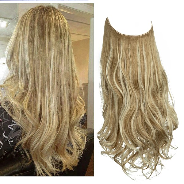 Syntetiska Ingen Clip Wave Hår Extensions Ombre Naturlig Svart Blond Rosa En Bit Falsk Hårpiece Fisk Linje Fake Hårstycken 22H613 16inches