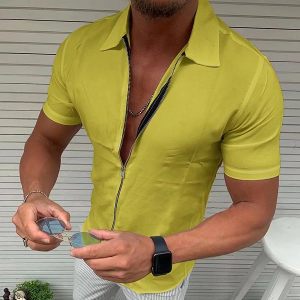 Lätta företagskontor för män Casual Kortärmad skjorta med dragkedja Slim Fit Enfärgad kavajkofta Mode Toppar Yellow XXL