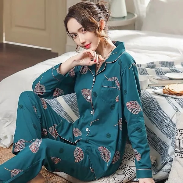 Mäns Kvinnors 100% Bomull Lång Ärm Pyjamas För Hösten Vintern Homewear Ytterkläder 857 green leaves M